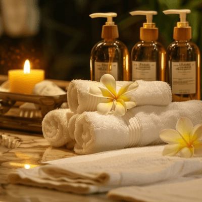Rolled towels, candles, and frangipani flowers at MY3 Wellness Spa Gachibowli